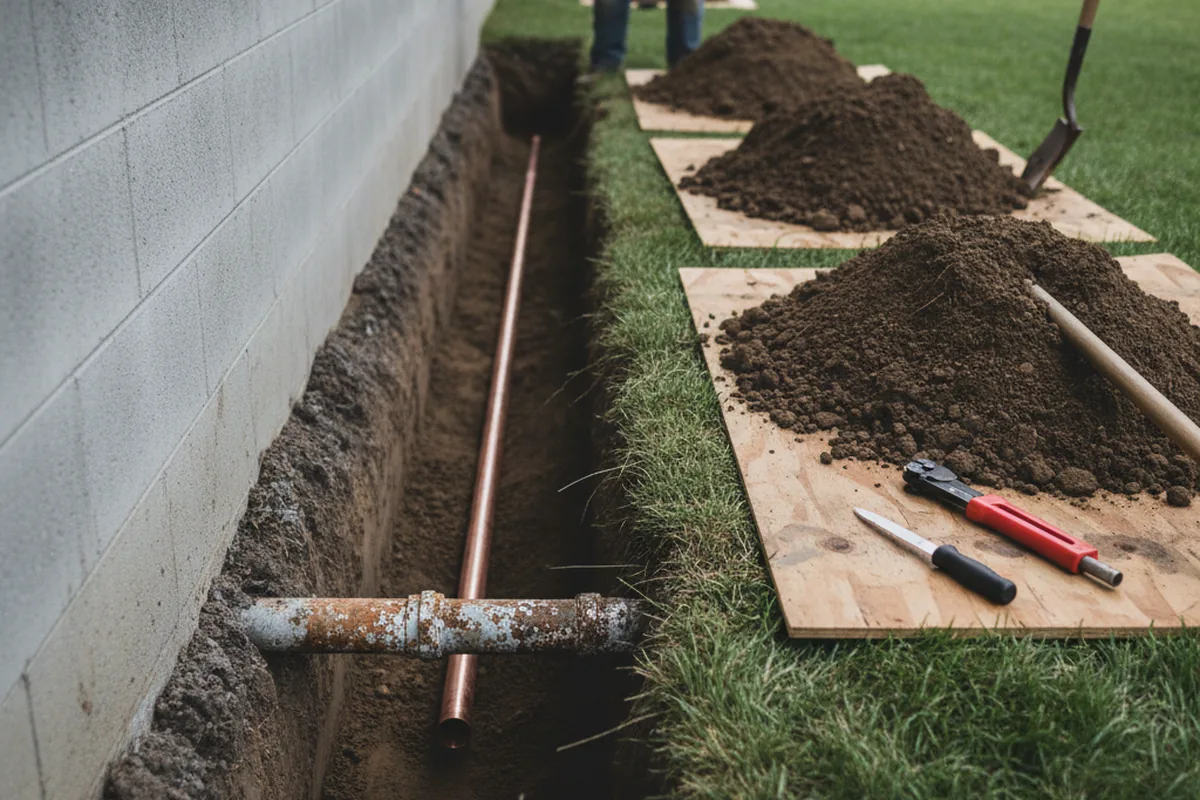 Excavated water line trench during Sewer Line Repair in Roscoe